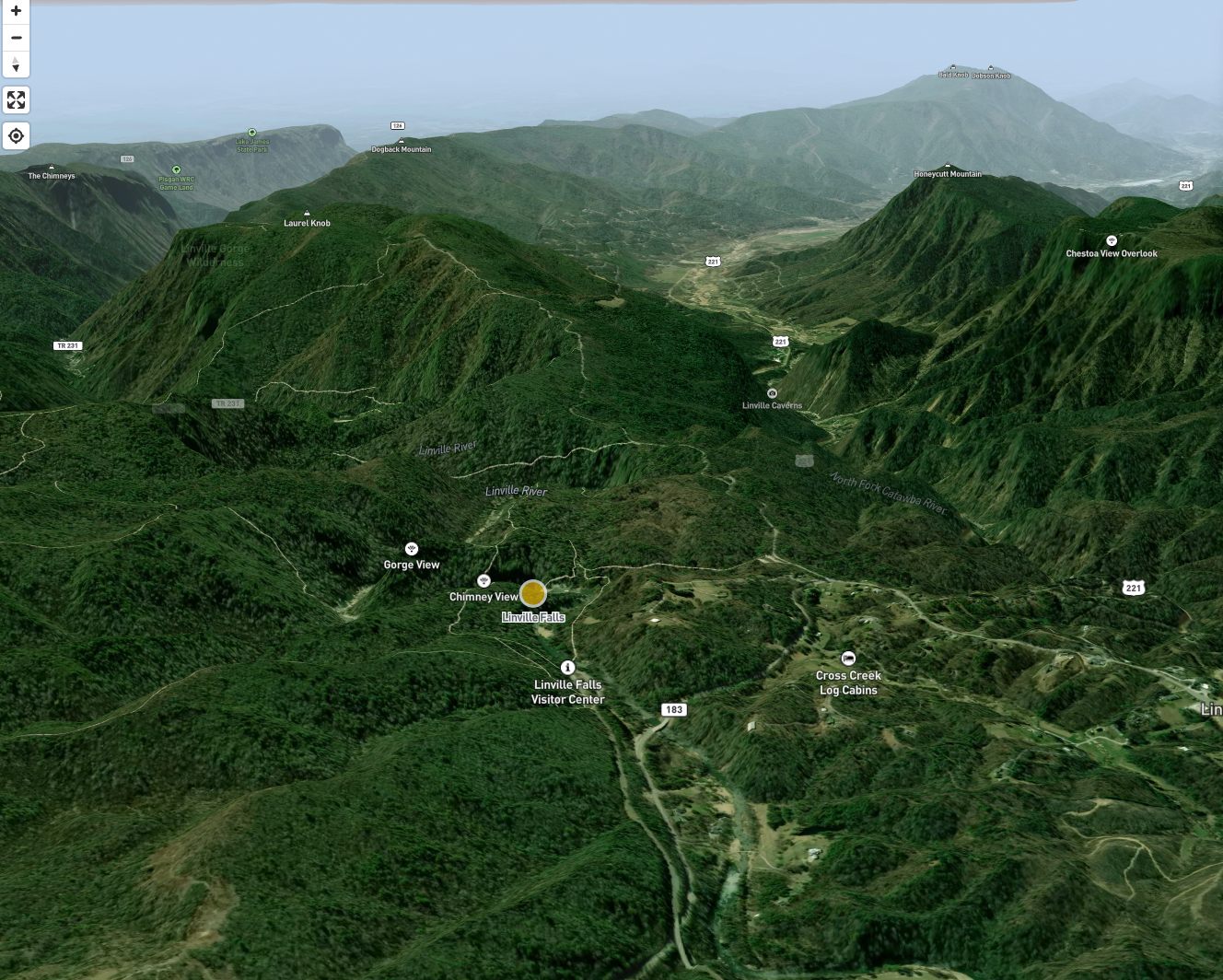 3D terrain map showing waterfall locations